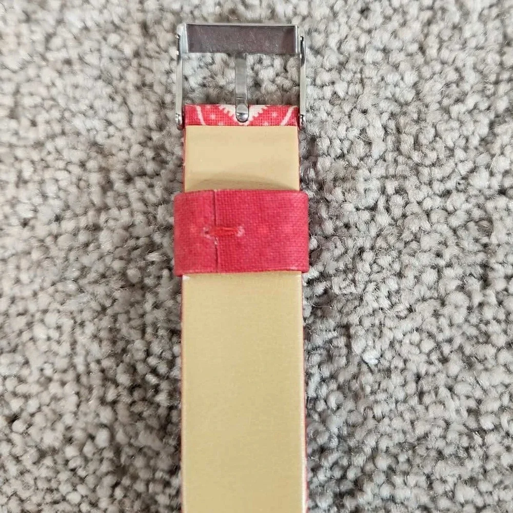 Vera Bradley Watch Red White Patterned Strap Silver Tone Bezel Womens